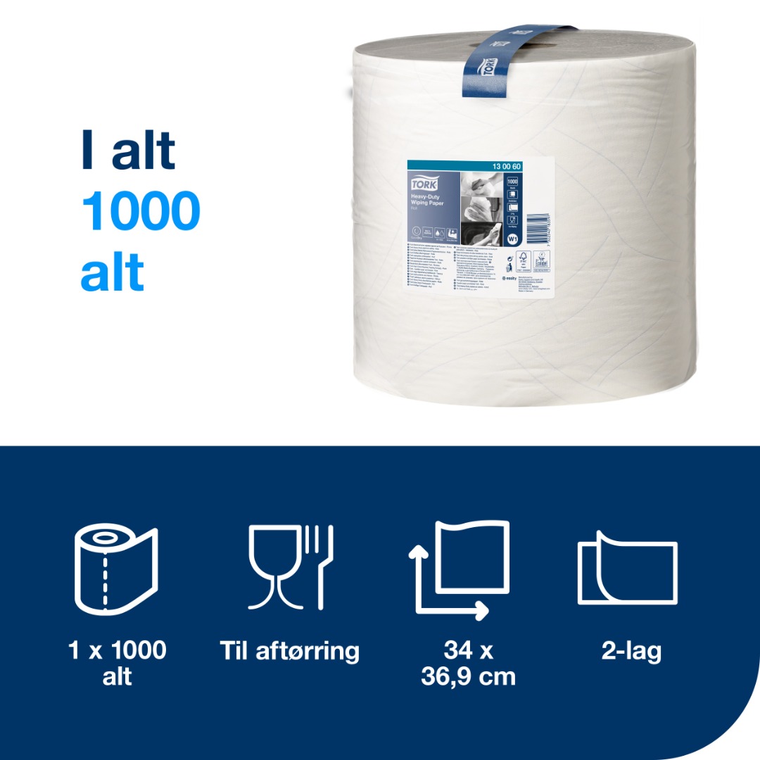 Tork W1, Aftørringsrulle, 369x340mm, 340m, Hvid, 2 lag