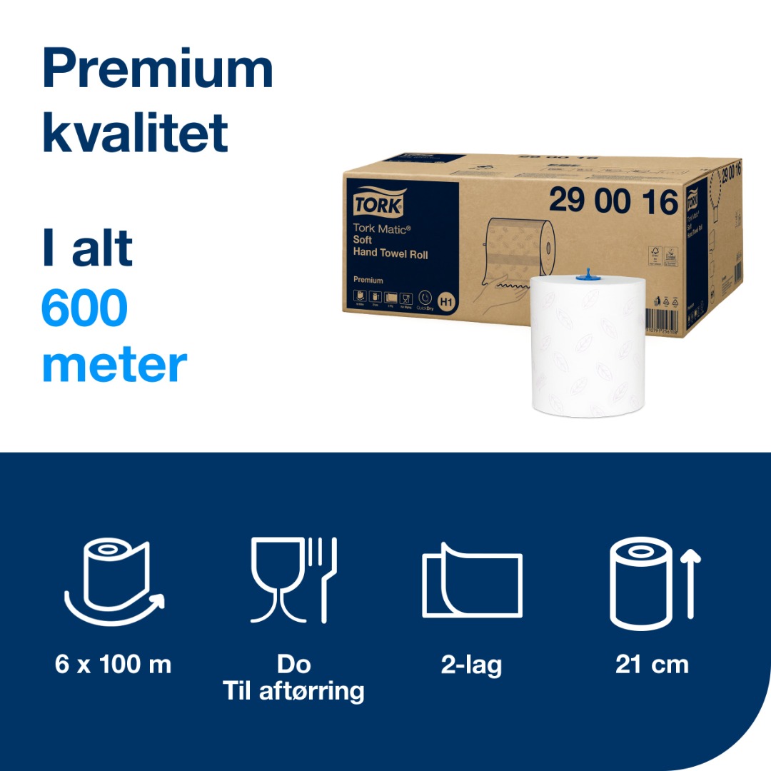 Tork Premium, H1, Håndklæderulle, Matic Soft, 100 meter, 6 ruller