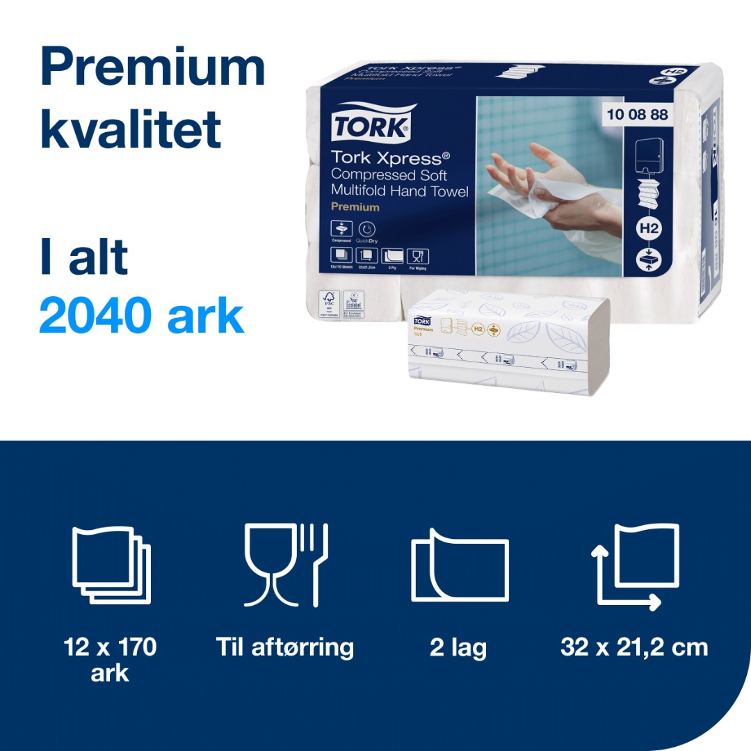 Tork Premium, H2, Håndklædeark, Xpress, Soft, 2 lags, 12 pk.