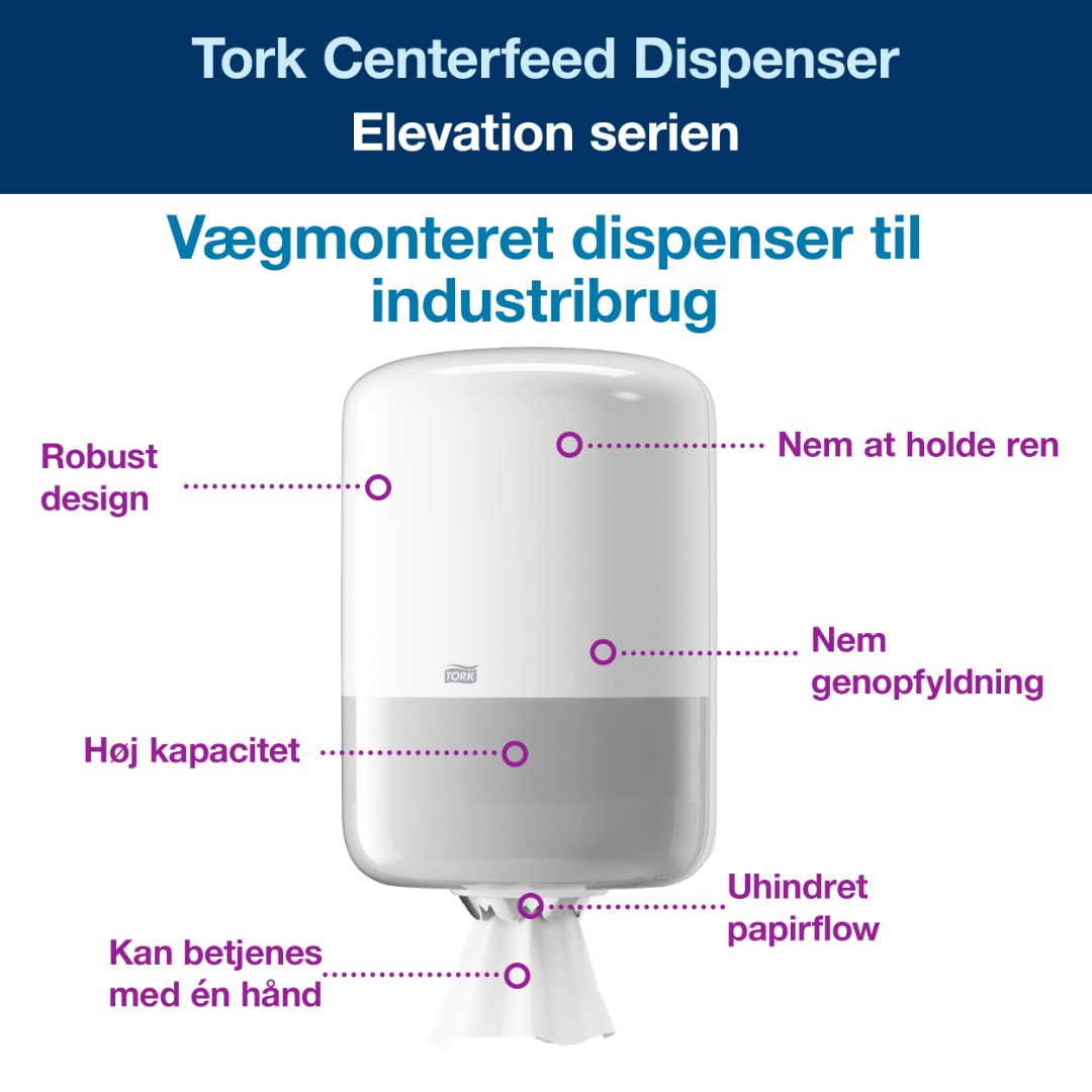 Tork M2, Aftørringsrulle Dispenser, Centerrulle, Hvid