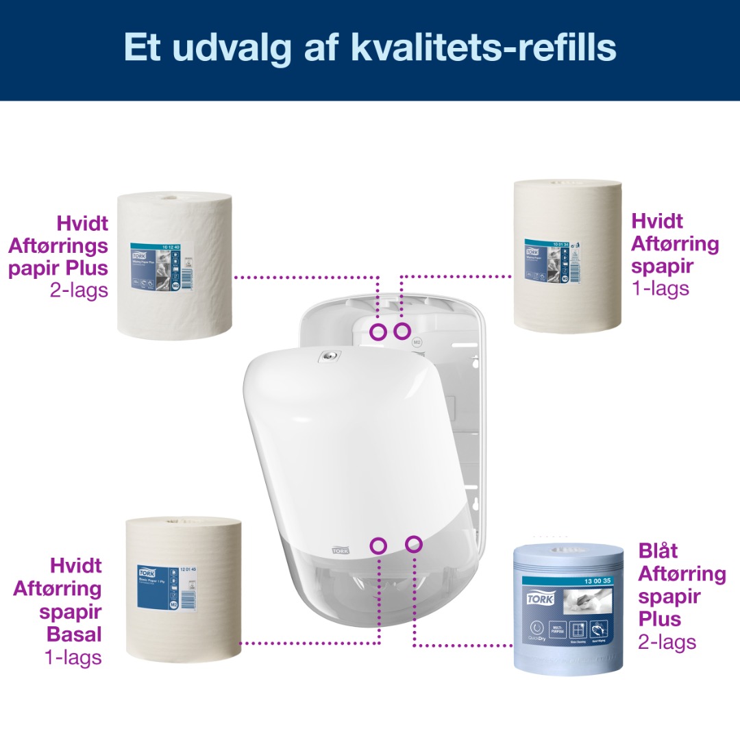 Tork M2, Aftørringsrulle Dispenser, Centerrulle, Hvid